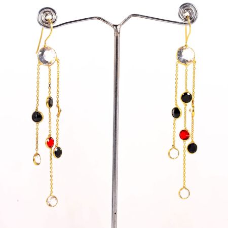 Colorful CZ Stone Chain Dangle Earrings in Brass with 22k Gold Plating